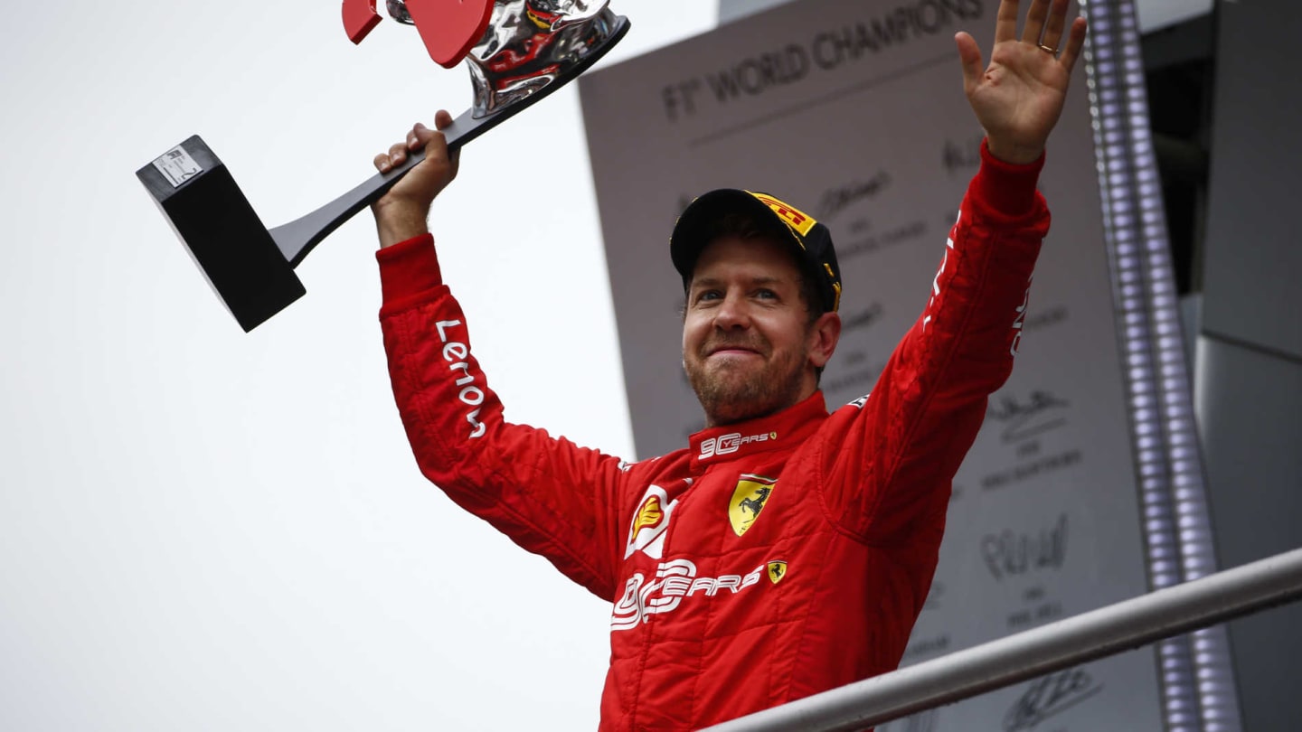 HOCKENHEIMRING, GERMANY - JULY 28: Sebastian Vettel, Ferrari, 2nd position, on the podium with his trophy during the German GP at Hockenheimring on July 28, 2019 in Hockenheimring, Germany. (Photo by Andy Hone / LAT Images)
