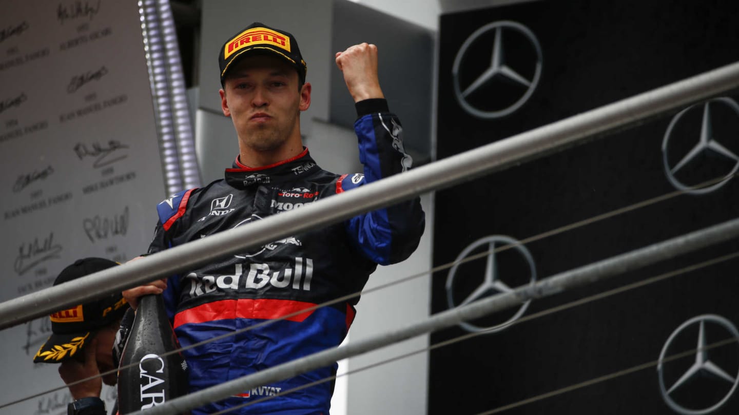HOCKENHEIMRING, GERMANY - JULY 28: Daniil Kvyat, Toro Rosso, 3rd position, on the podium during the German GP at Hockenheimring on July 28, 2019 in Hockenheimring, Germany. (Photo by Andy Hone / LAT Images)