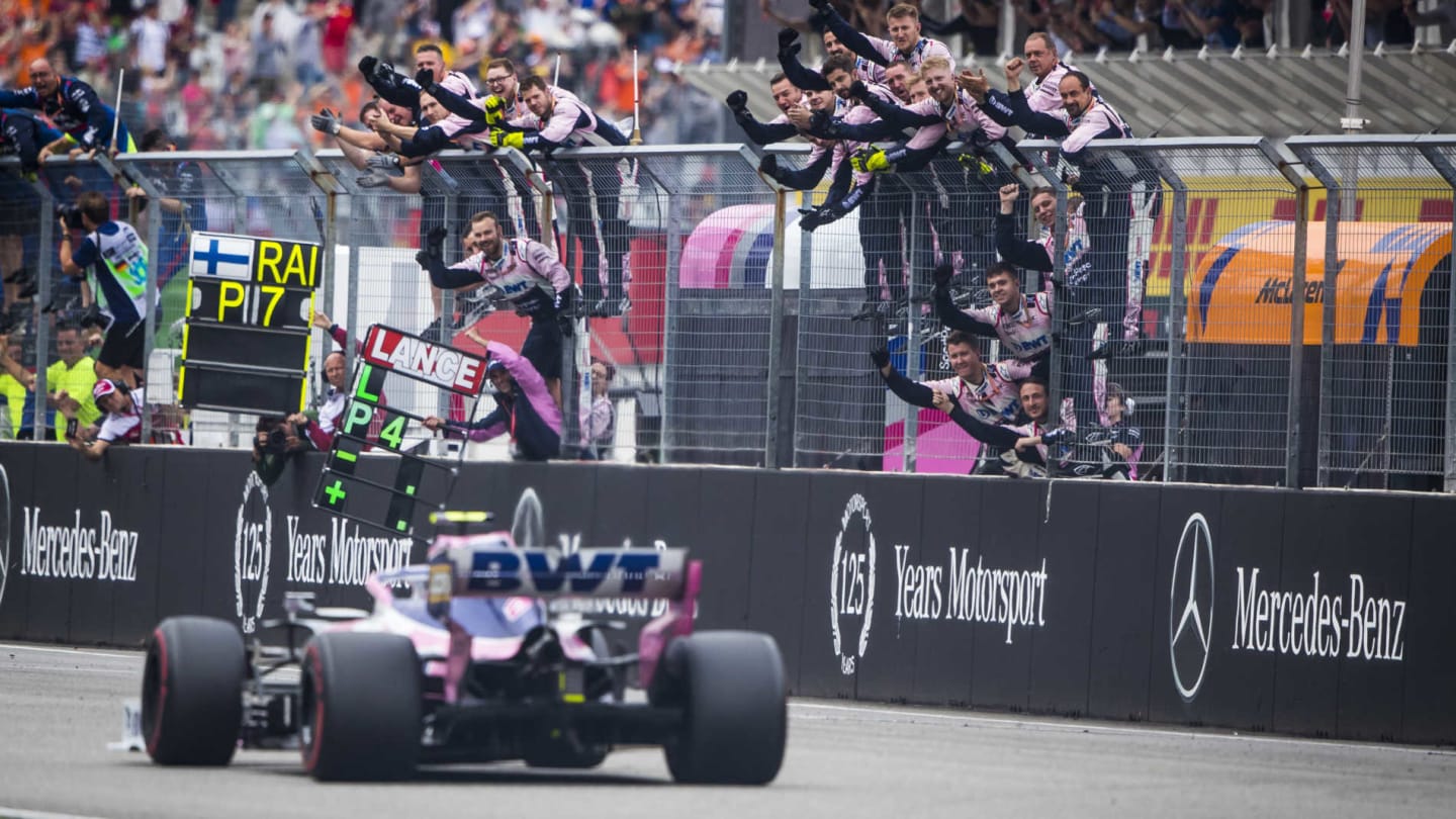 HOCKENHEIMRING, GERMANY - JULY 28: The Racing Point team cheer Lance Stroll, Racing Point RP19, over the line during the German GP at Hockenheimring on July 28, 2019 in Hockenheimring, Germany. (Photo by Sam Bloxham / LAT Images)