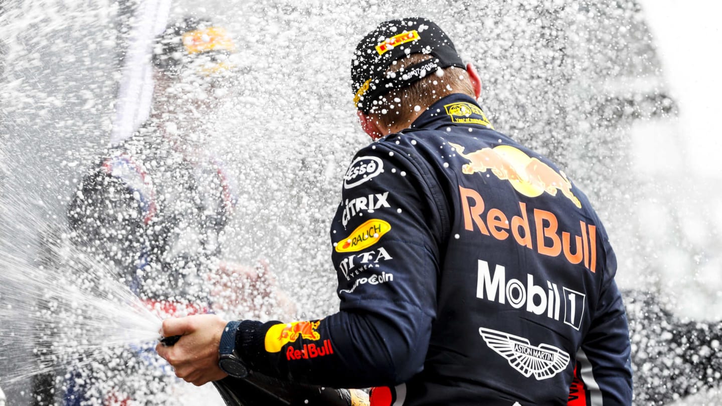 HOCKENHEIMRING, GERMANY - JULY 28: Max Verstappen, Red Bull Racing, 1st position, sprays Champagne on the podium during the German GP at Hockenheimring on July 28, 2019 in Hockenheimring, Germany. (Photo by Steven Tee / LAT Images)