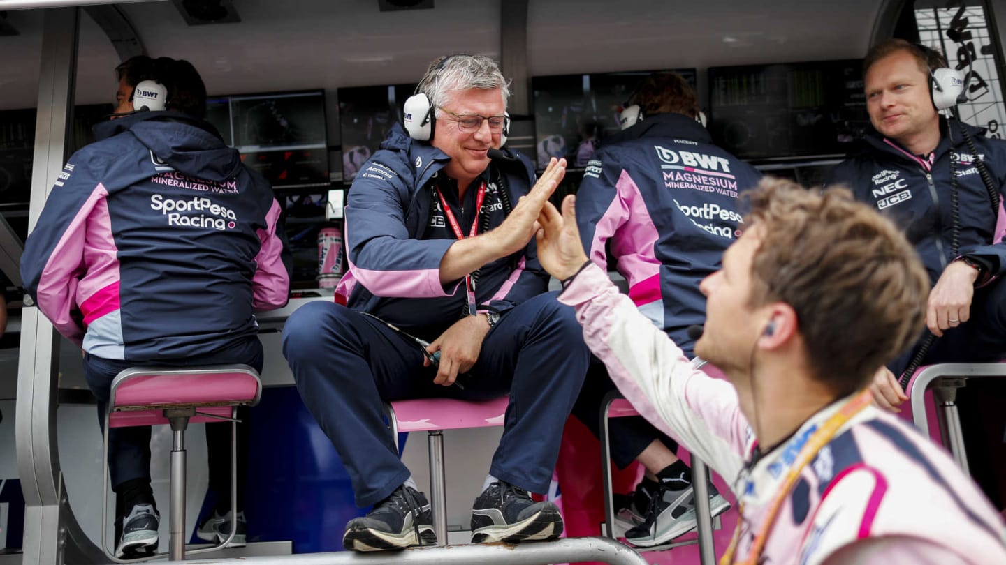 HOCKENHEIMRING, GERMANY - JULY 28: Otmar Szafnauer, Team Principal and CEO, Racing Point, and the Racing Point team celebrate a good result during the German GP at Hockenheimring on July 28, 2019 in Hockenheimring, Germany. (Photo by Zak Mauger / LAT Images)