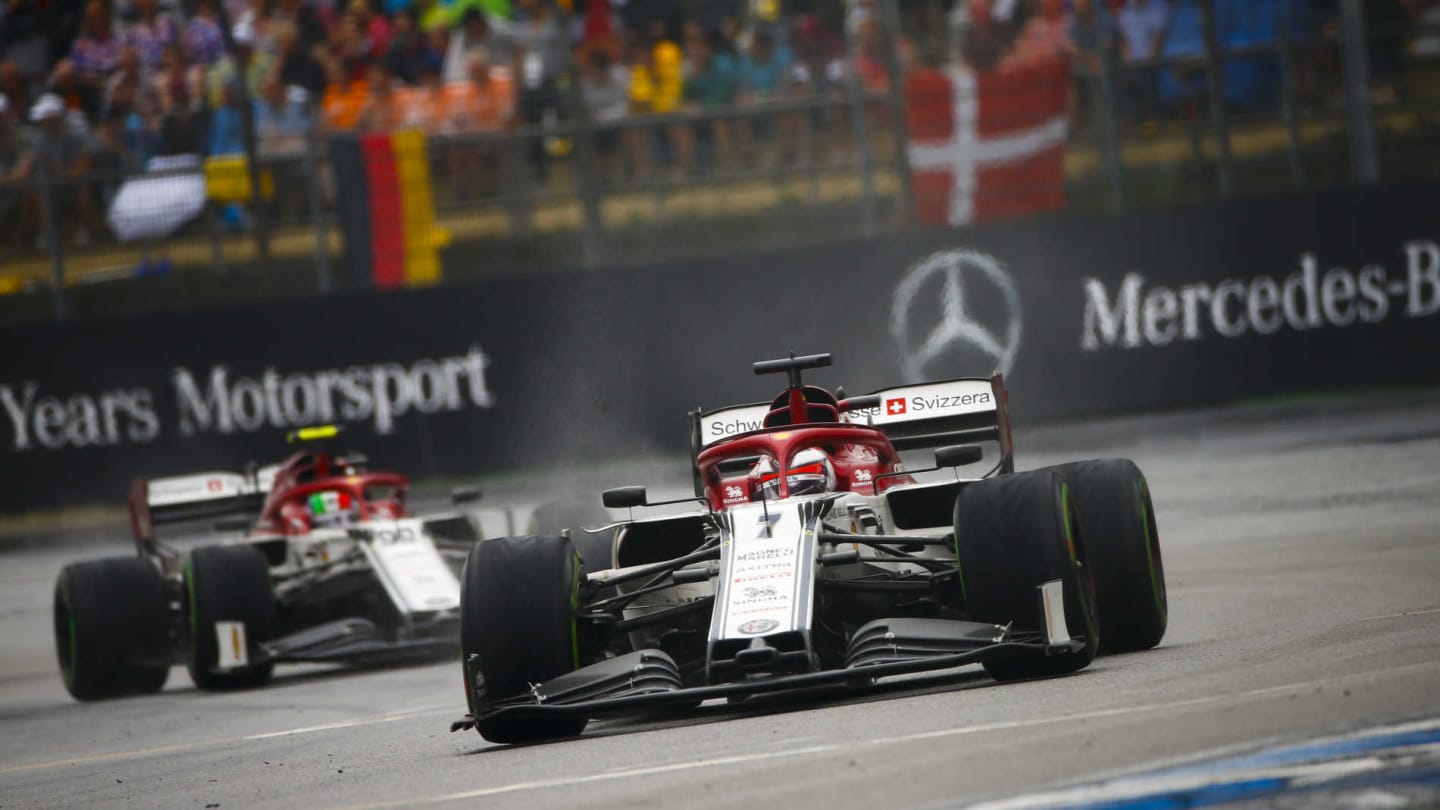 HOCKENHEIMRING, GERMANY - JULY 28: Kimi Raikkonen, Alfa Romeo Racing C38, leads Antonio Giovinazzi,