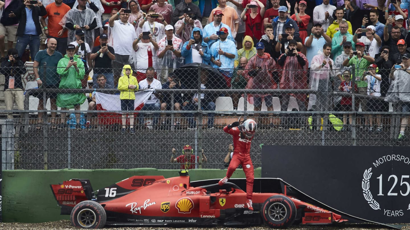 HOCKENHEIMRING, GERMANY - JULY 28: Charles Leclerc, Ferrari, climbs out of his damaged car during
