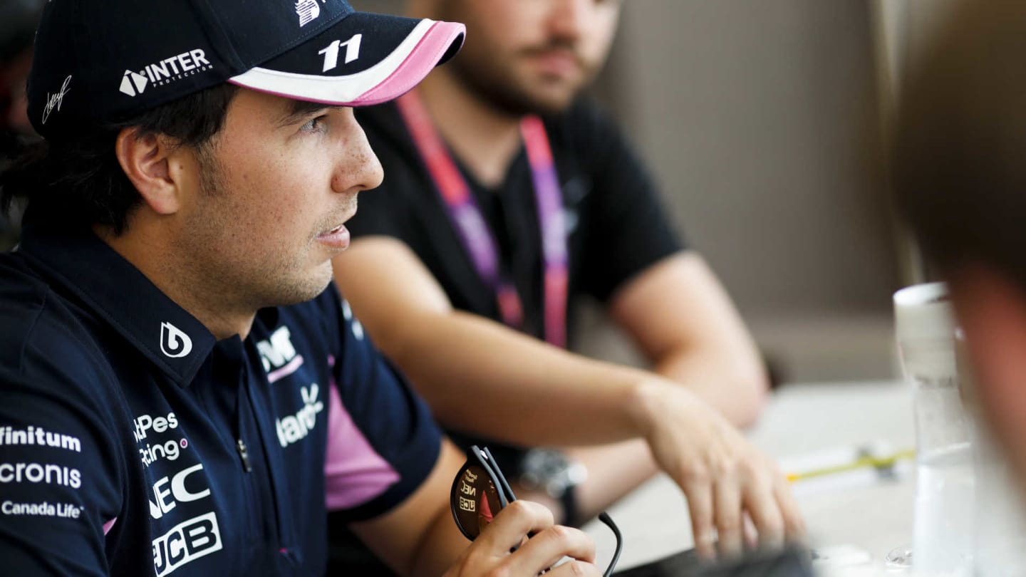 HOCKENHEIMRING, GERMANY - JULY 25: Sergio Perez, Racing Point talks to the media during the German