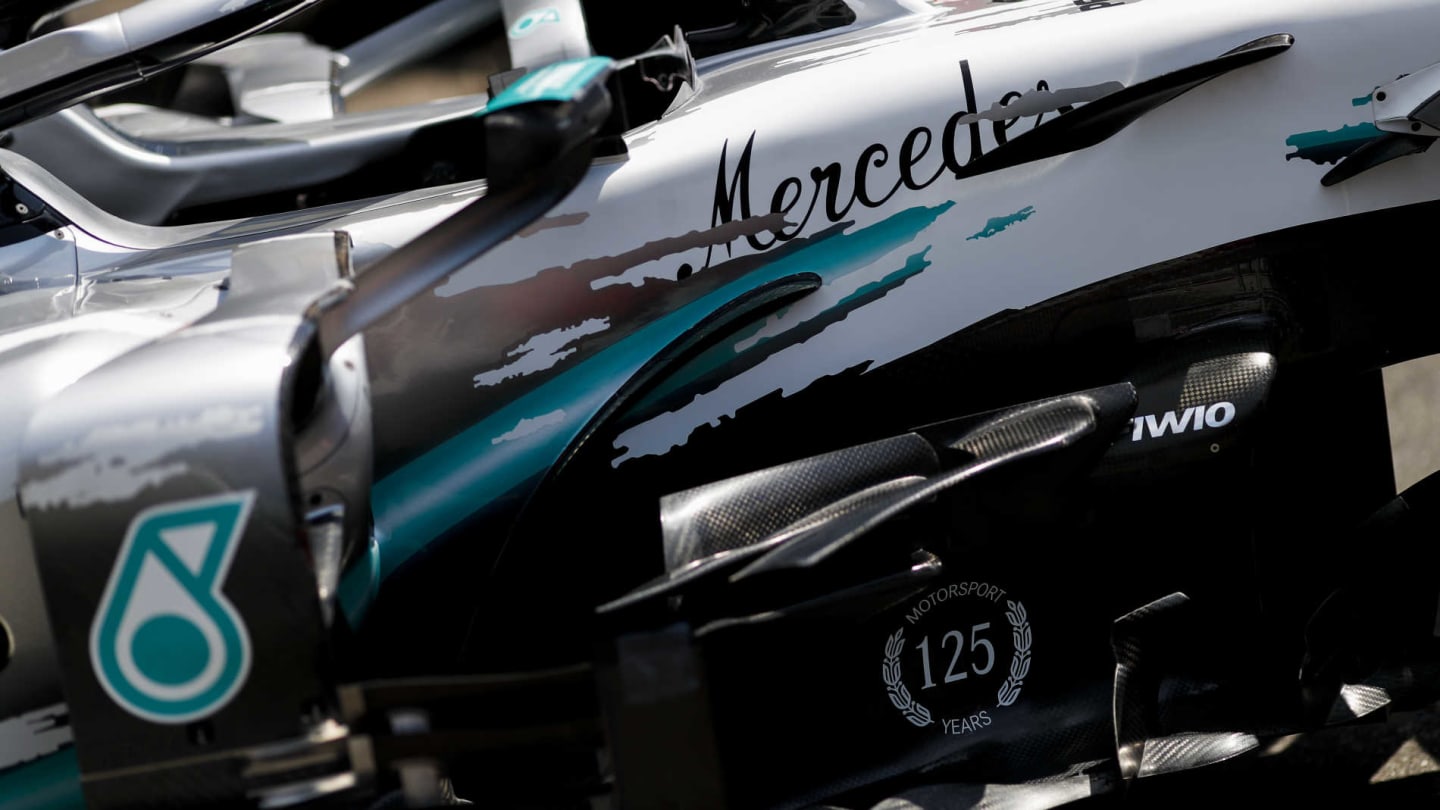 HOCKENHEIMRING, GERMANY - JULY 25: Mercedes AMG F1 W10 with special 125th year in motorsport livery during the German GP at Hockenheimring on July 25, 2019 in Hockenheimring, Germany. (Photo by Zak Mauger / LAT Images)