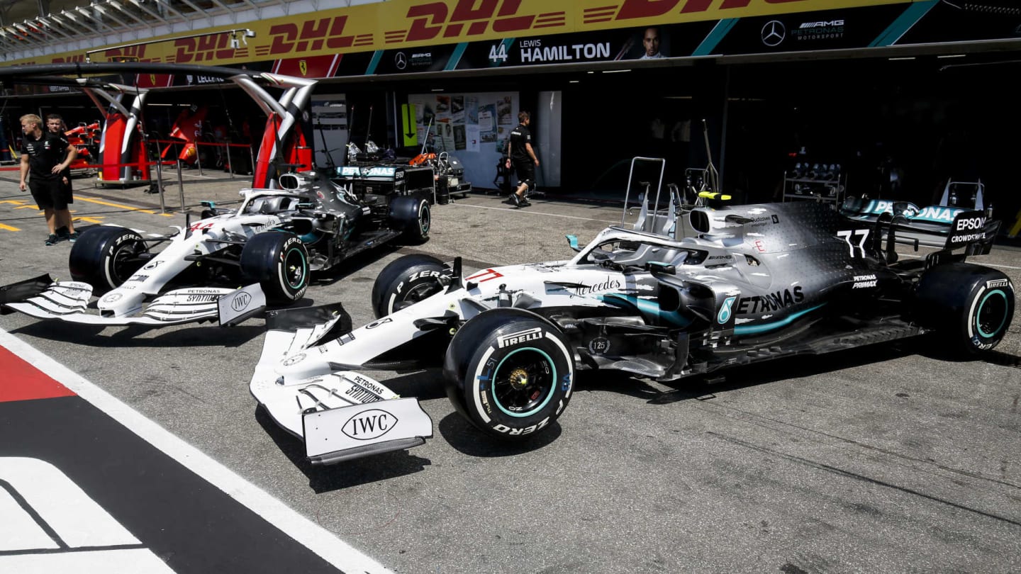 HOCKENHEIMRING, GERMANY - JULY 25: Mercedes AMG F1 W10 with special 125th year in motorsport livery