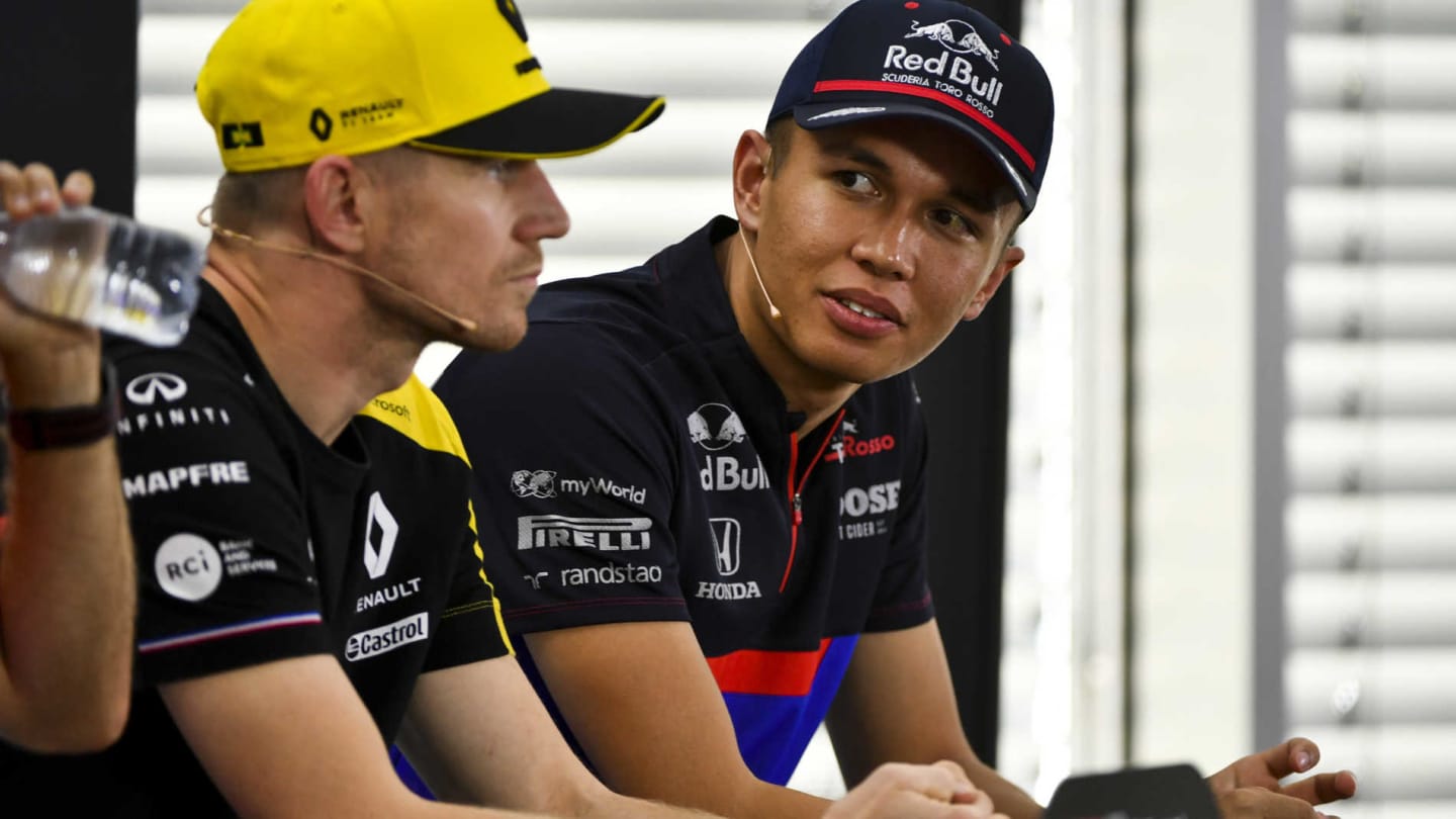 HOCKENHEIMRING, GERMANY - JULY 25: Alexander Albon, Toro Rosso and Nico Hulkenberg, Renault F1 Team In the Press Conference during the German GP at Hockenheimring on July 25, 2019 in Hockenheimring, Germany. (Photo by Mark Sutton / Sutton Images)