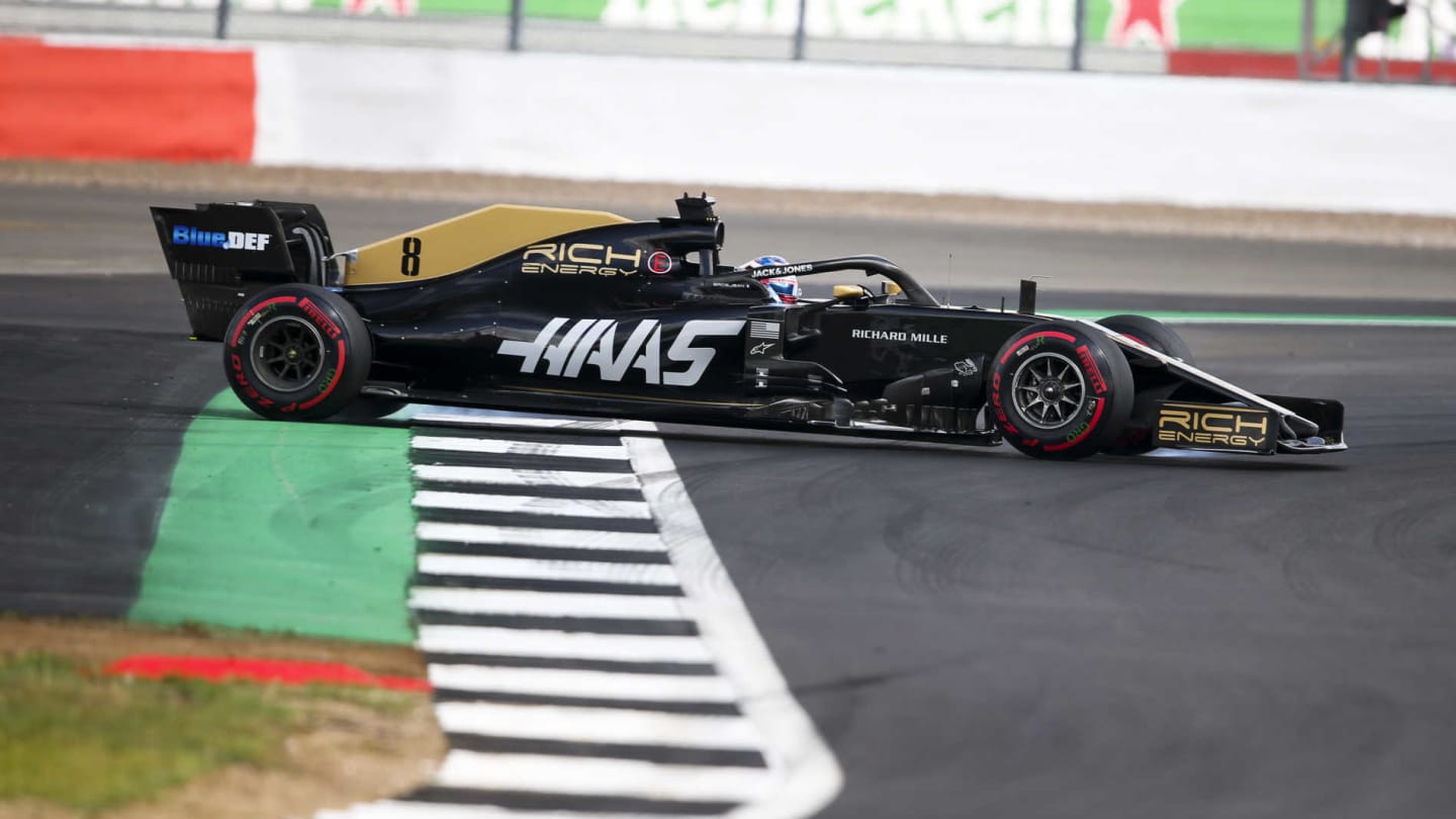 SILVERSTONE, UNITED KINGDOM - JULY 12: Romain Grosjean, Haas VF-19 spins during the British GP at Silverstone on July 12, 2019 in Silverstone, United Kingdom. (Photo by Dom Romney / LAT Images)