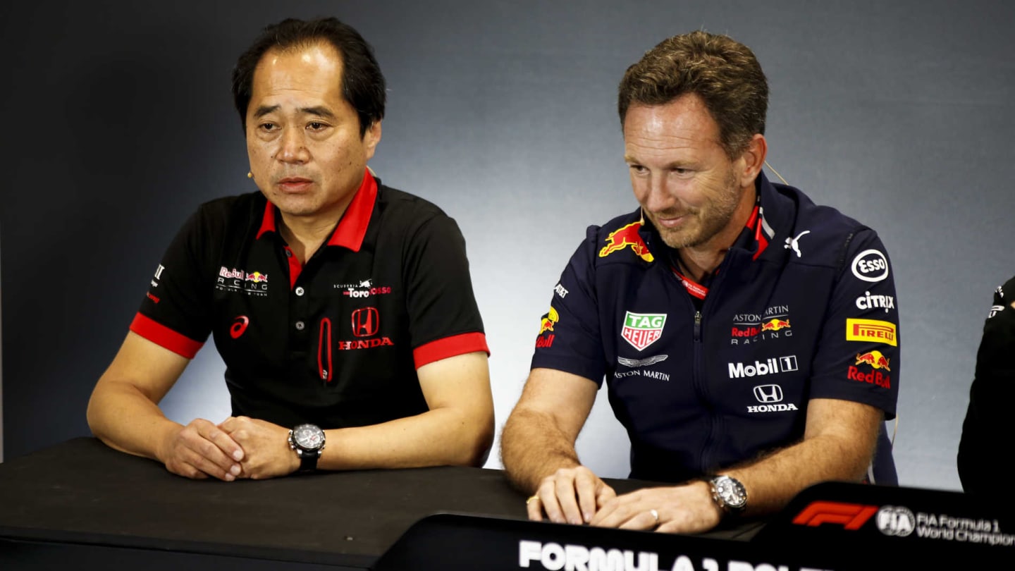 SILVERSTONE, UNITED KINGDOM - JULY 12: Toyoharu Tanabe, F1 Technical Director, Honda, and Christian Horner, Team Principal, Red Bull Racing, in the team principals Press Conference during the British GP at Silverstone on July 12, 2019 in Silverstone, United Kingdom. (Photo by Andy Hone / LAT Images)