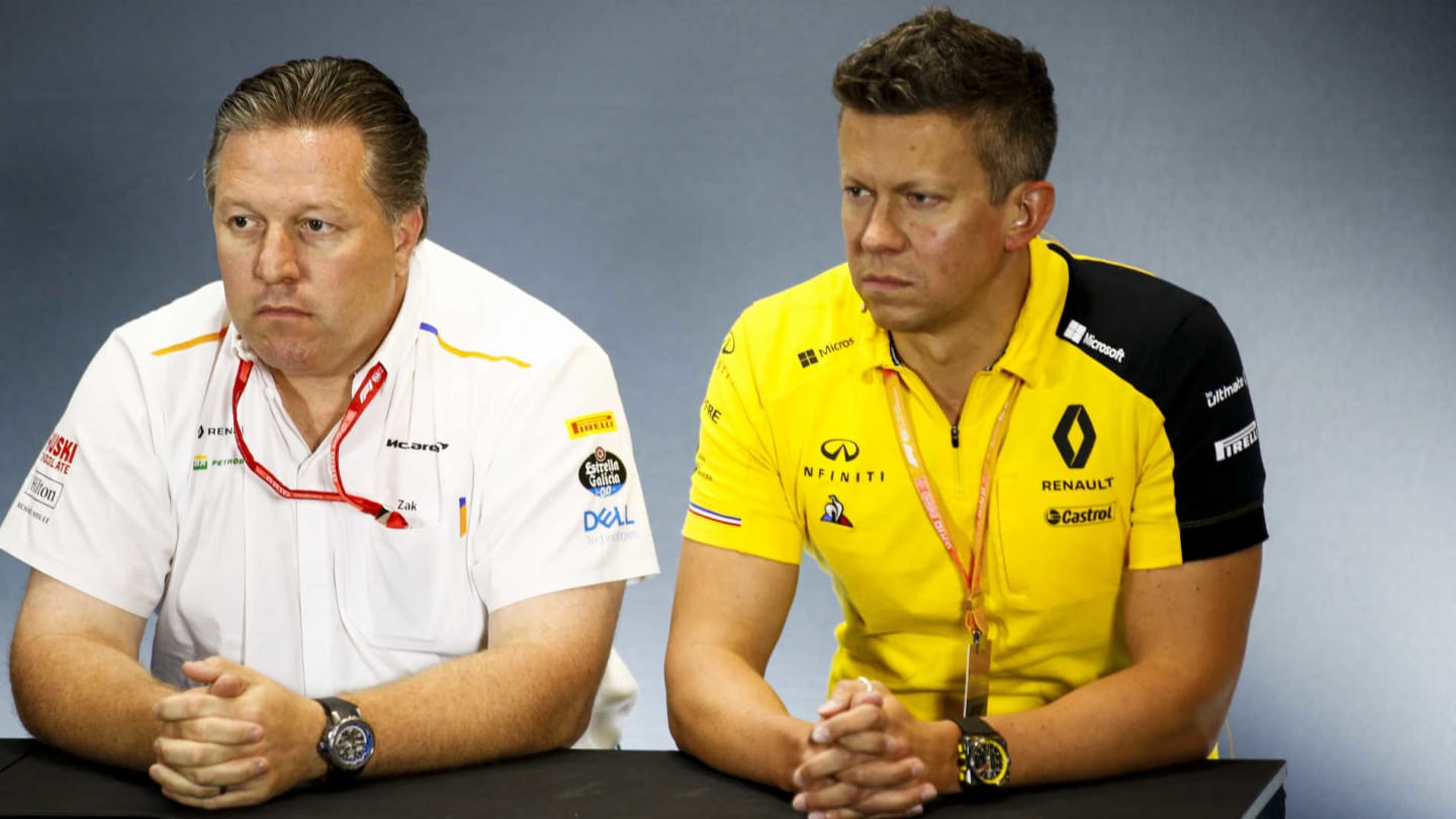 SILVERSTONE, UNITED KINGDOM - JULY 12: Zak Brown, Executive Director, McLaren, and Marcin Budkowski, Renault F1 Team, in the team principals Press Conference during the British GP at Silverstone on July 12, 2019 in Silverstone, United Kingdom. (Photo by Andy Hone / LAT Images)
