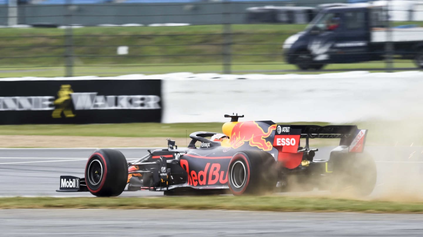 SILVERSTONE, UNITED KINGDOM - JULY 13: Max Verstappen, Red Bull Racing RB15, takes to the grass during the British GP at Silverstone on July 13, 2019 in Silverstone, United Kingdom. (Photo by Gareth Harford / Sutton Images)