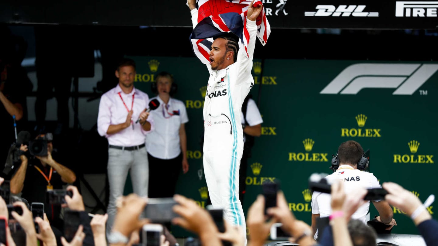 SILVERSTONE, UNITED KINGDOM - JULY 14: Race Winner Lewis Hamilton, Mercedes AMG F1 celebrates in