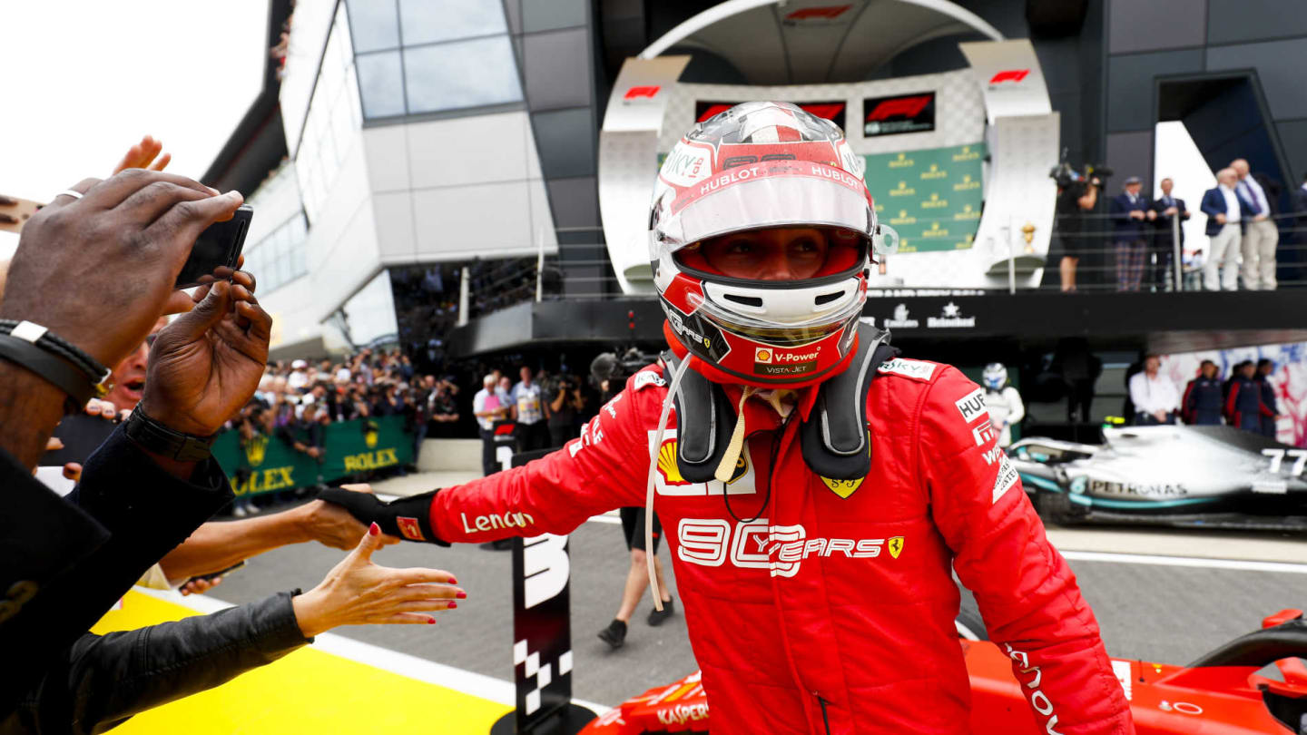 SILVERSTONE, UNITED KINGDOM - JULY 14: Charles Leclerc, Ferrari in Parc Ferme during the British GP at Silverstone on July 14, 2019 in Silverstone, United Kingdom. (Photo by Zak Mauger / LAT Images)