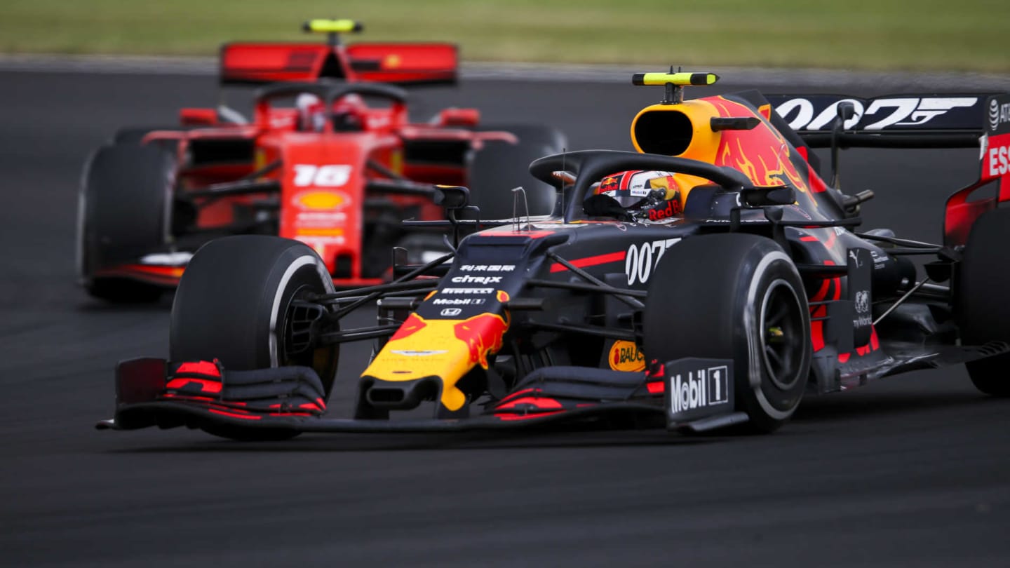 SILVERSTONE, UNITED KINGDOM - JULY 14: Pierre Gasly, Red Bull Racing RB15, leads Charles Leclerc,