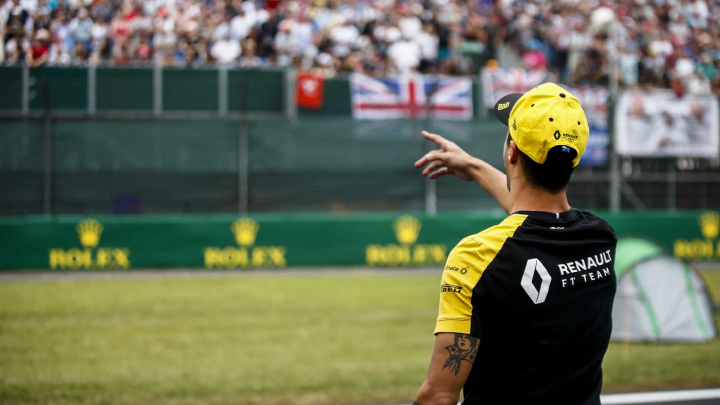SILVERSTONE, UNITED KINGDOM - JULY 11: Daniel Ricciardo, Renault F1 Team with fans during the