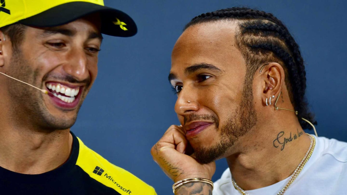 SILVERSTONE, UNITED KINGDOM - JULY 11: Lewis Hamilton, Mercedes AMG F1 and Daniel Ricciardo, Renault F1 Team in the Press Conference during the British GP at Silverstone on July 11, 2019 in Silverstone, United Kingdom. (Photo by Jerry Andre / LAT Images)