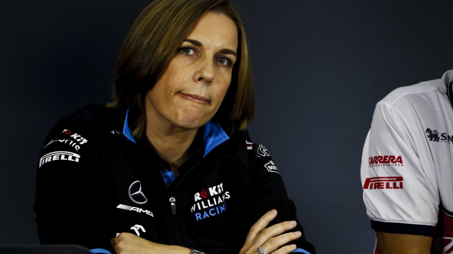 HUNGARORING, HUNGARY - AUGUST 02: Claire Williams, Deputy Team Principal, Williams Racing, in the team principals' Press Conference during the Hungarian GP at Hungaroring on August 02, 2019 in Hungaroring, Hungary. (Photo by Sam Bloxham / LAT Images)