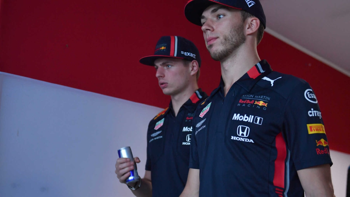 HUNGARORING, HUNGARY - AUGUST 02: Max Verstappen, Red Bull Racing, and Pierre Gasly, Red Bull