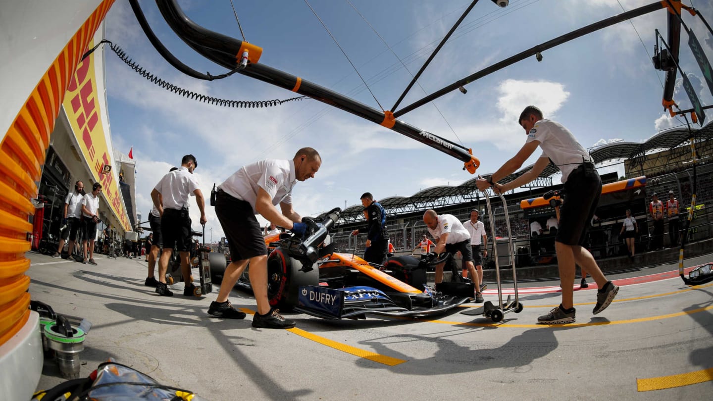 HUNGARORING, HUNGARY - AUGUST 03: Lando Norris, McLaren MCL34, in the pits during Qualifying during