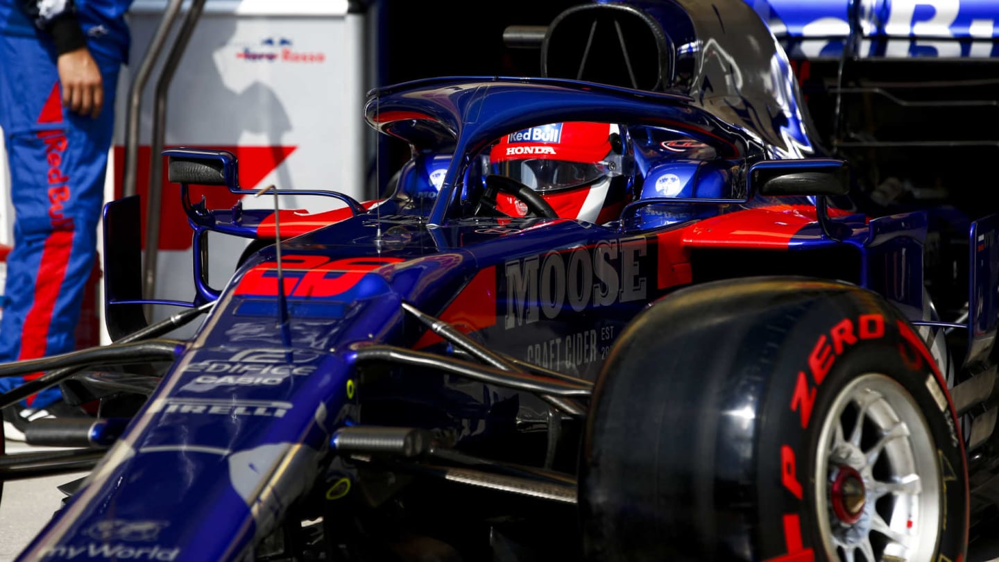 HUNGARORING, HUNGARY - AUGUST 03: Daniil Kvyat, Toro Rosso STR14, leaves the garage during the Hungarian GP at Hungaroring on August 03, 2019 in Hungaroring, Hungary. (Photo by Andy Hone / LAT Images)