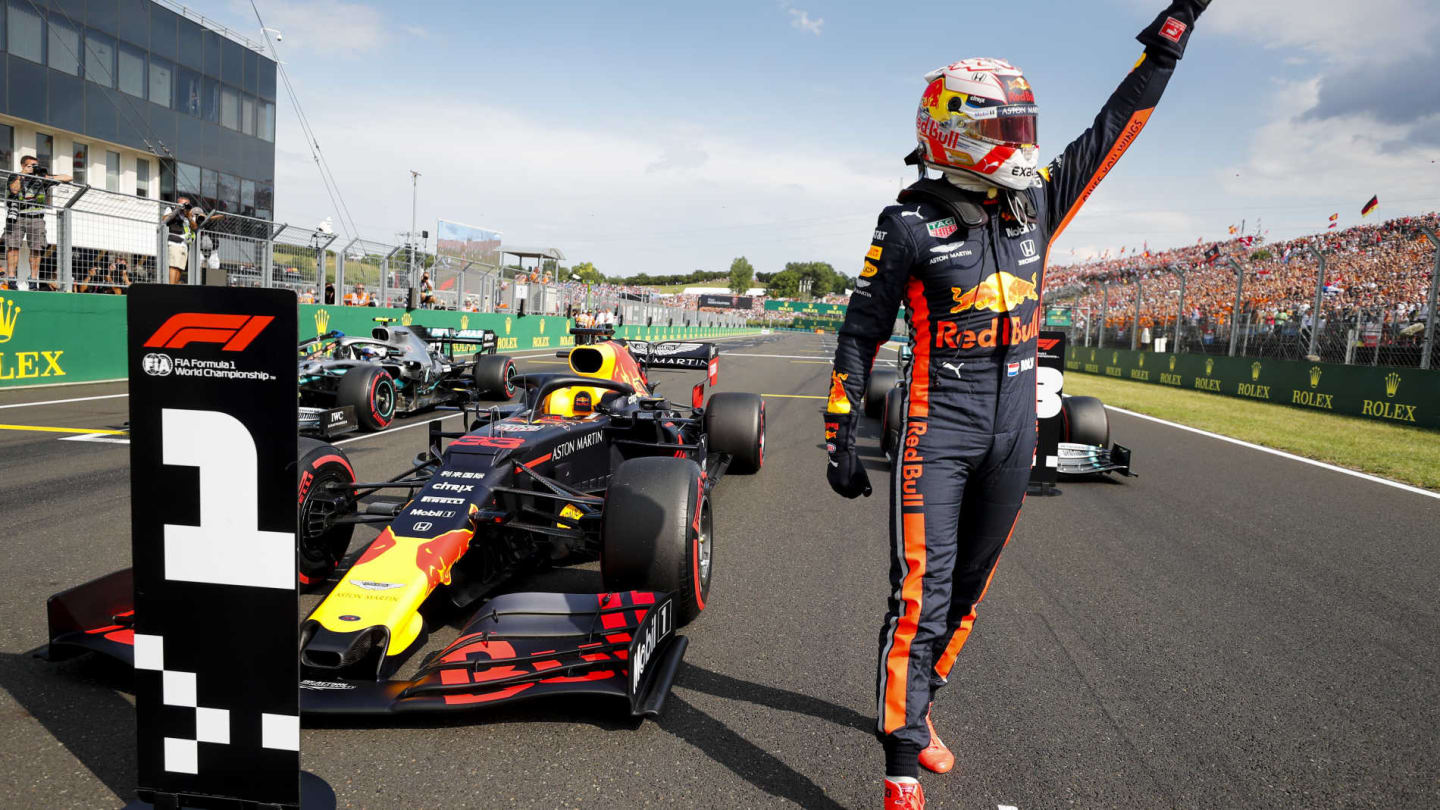 HUNGARORING, HUNGARY - AUGUST 03: Max Verstappen, Red Bull Racing, celebrates after securing his