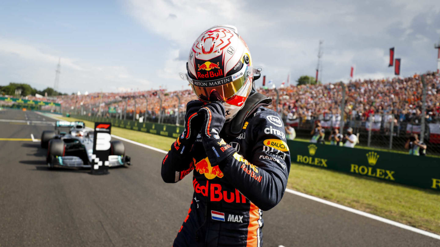 HUNGARORING, HUNGARY - AUGUST 03: Max Verstappen, Red Bull Racing, celebrates after securing his first pole position during the Hungarian GP at Hungaroring on August 03, 2019 in Hungaroring, Hungary. (Photo by Steven Tee / LAT Images)