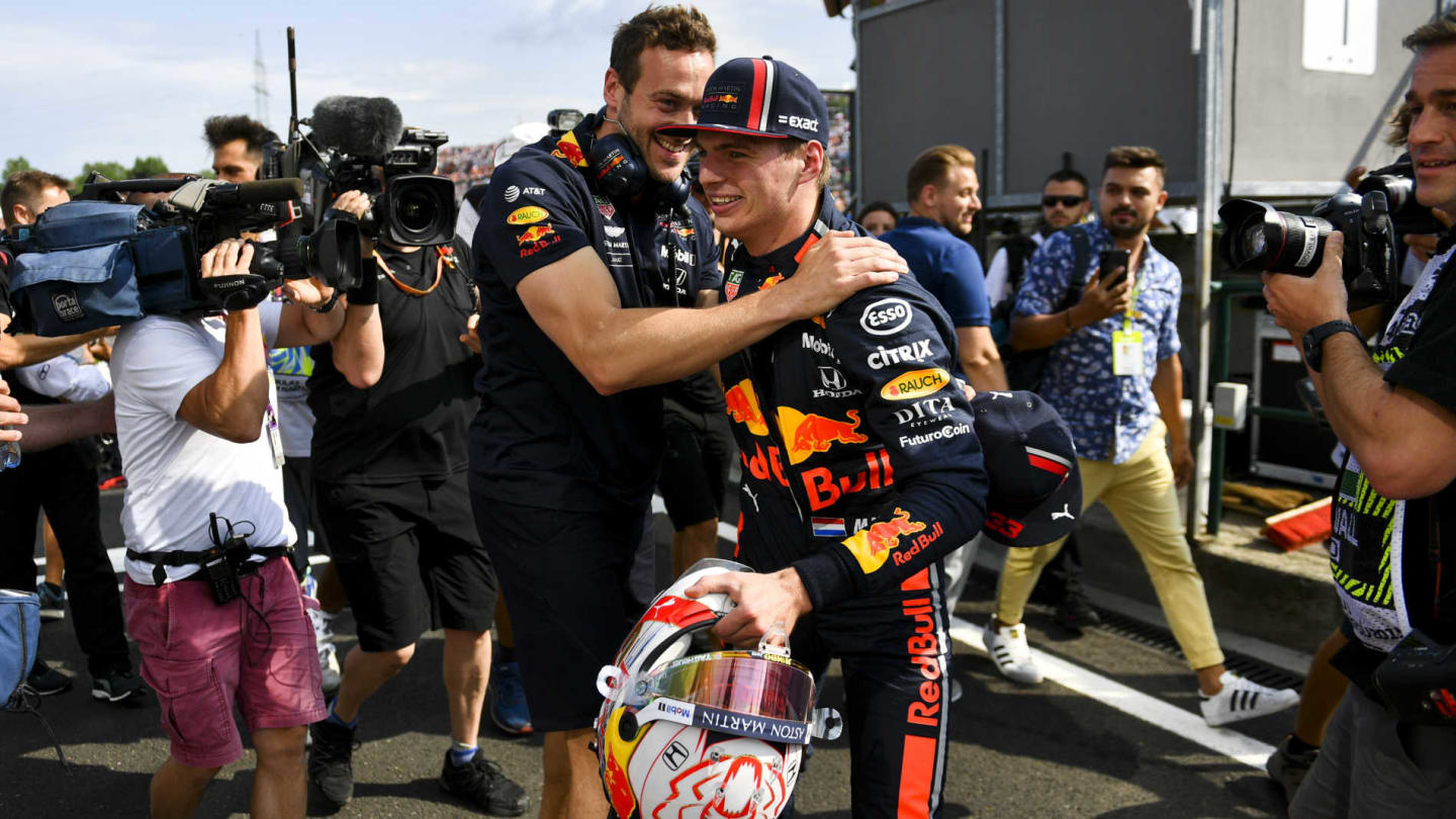 HUNGARORING, HUNGARY - AUGUST 03: Max Verstappen, Red Bull Racing, celebrates pole with a team mate