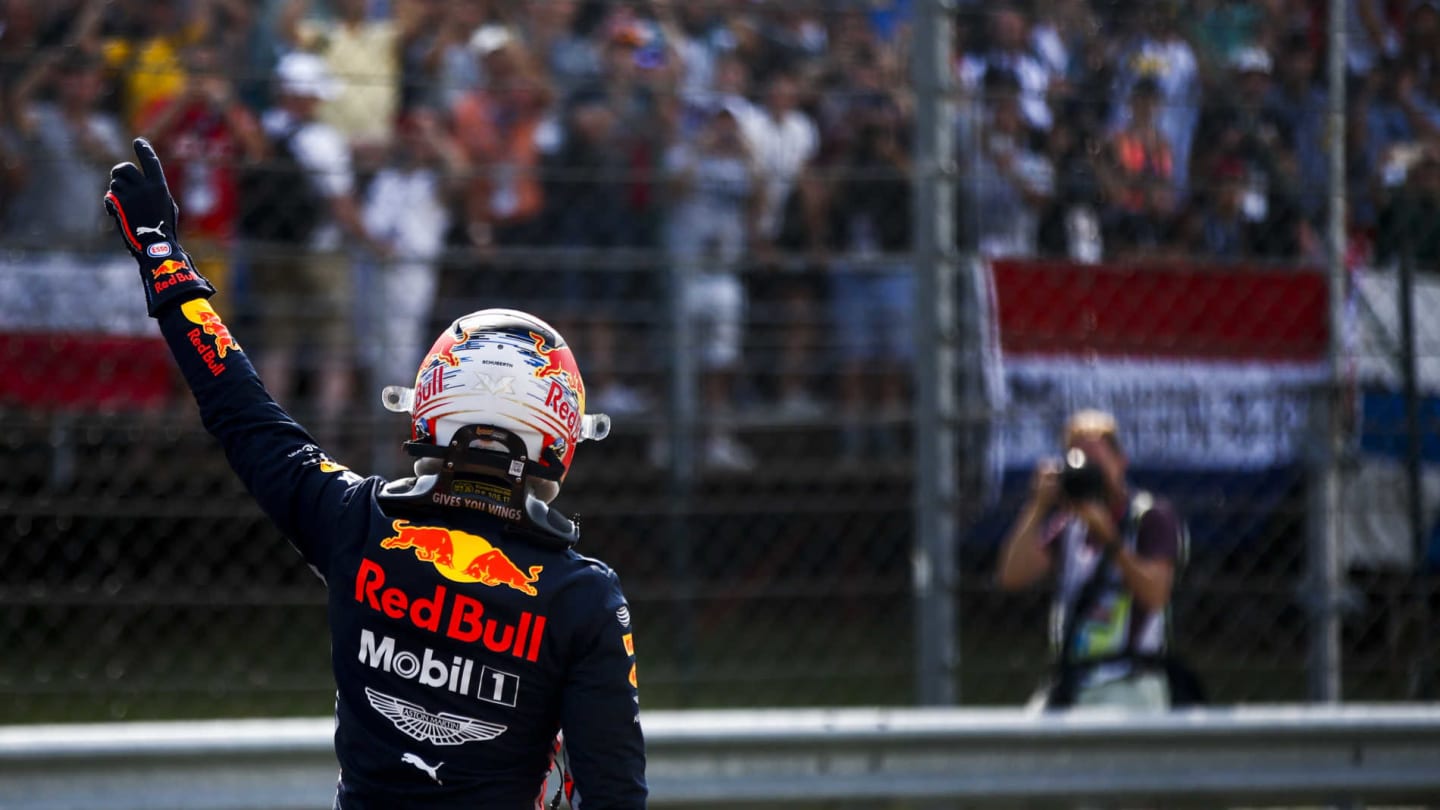 HUNGARORING, HUNGARY - AUGUST 03: Max Verstappen, Red Bull Racing, celebrates after securing his first pole position during the Hungarian GP at Hungaroring on August 03, 2019 in Hungaroring, Hungary. (Photo by Andy Hone / LAT Images)