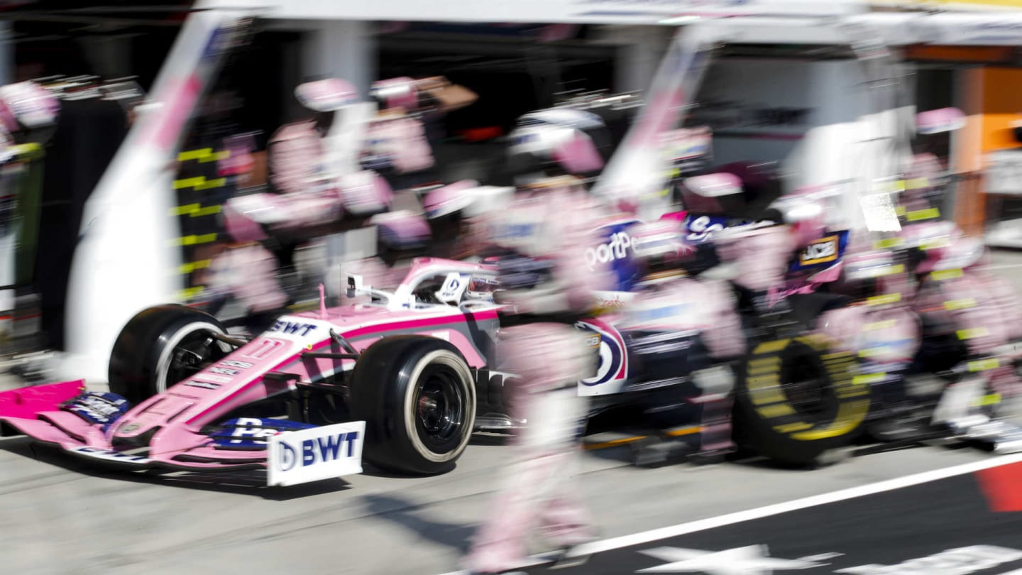 HUNGARORING, HUNGARY - AUGUST 04: Sergio Perez, Racing Point RP19, makes a stop during the Hungarian GP at Hungaroring on August 04, 2019 in Hungaroring, Hungary. (Photo by Steven Tee / LAT Images)