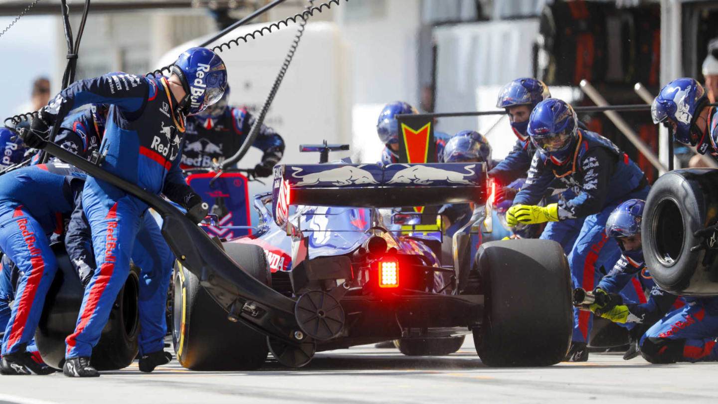 HUNGARORING, HUNGARY - AUGUST 04: Daniil Kvyat, Toro Rosso STR14, in the pits during the Hungarian GP at Hungaroring on August 04, 2019 in Hungaroring, Hungary. (Photo by Steven Tee / LAT Images)