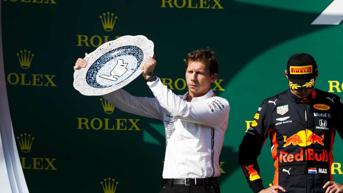 HUNGARORING, HUNGARY - AUGUST 04: Matt Deane, Chief Mechanic, Mercedes AMG, receives the Constructors trophy for Mercedes during the Hungarian GP at Hungaroring on August 04, 2019 in Hungaroring, Hungary. (Photo by Zak Mauger / LAT Images)