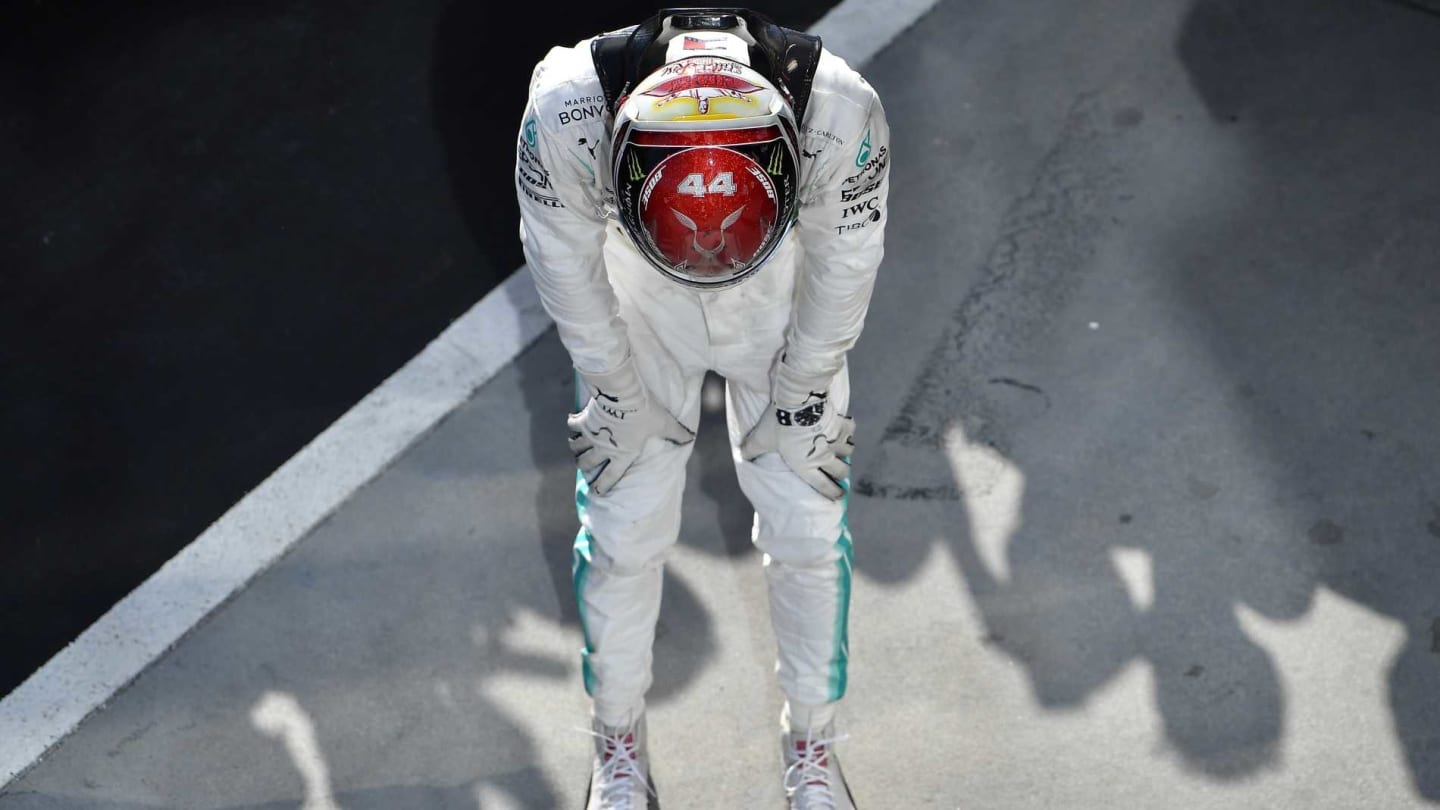 HUNGARORING, HUNGARY - AUGUST 04: Lewis Hamilton, Mercedes AMG F1, 1st position, celebrates in Parc Ferme during the Hungarian GP at Hungaroring on August 04, 2019 in Hungaroring, Hungary. (Photo by Jerry Andre / LAT Images)
