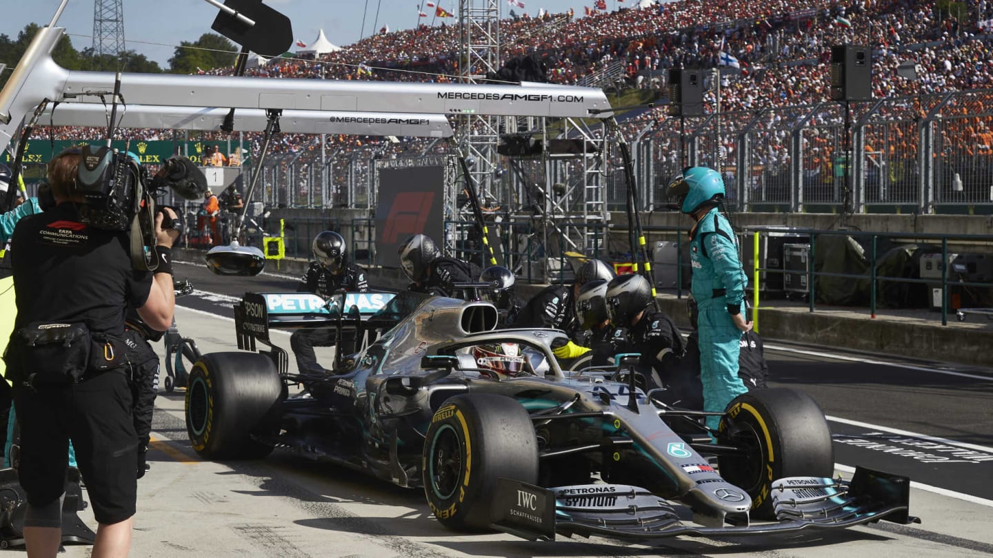 HUNGARORING, HUNGARY - AUGUST 04: Lewis Hamilton, Mercedes AMG F1 W10, leaves his pit box after a