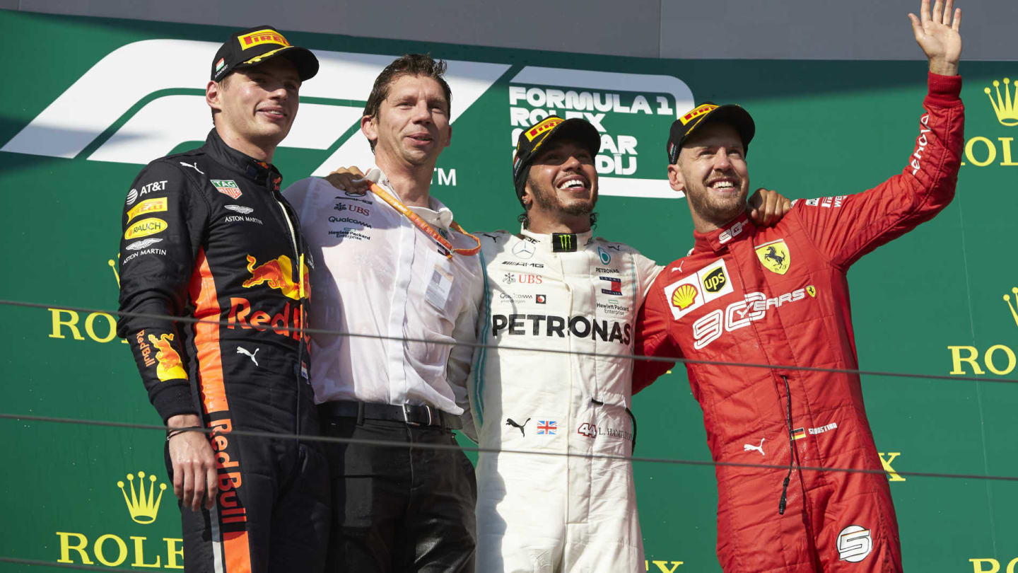 HUNGARORING, HUNGARY - AUGUST 04: Max Verstappen, Red Bull Racing, 2nd position, Matt Deane, Chief