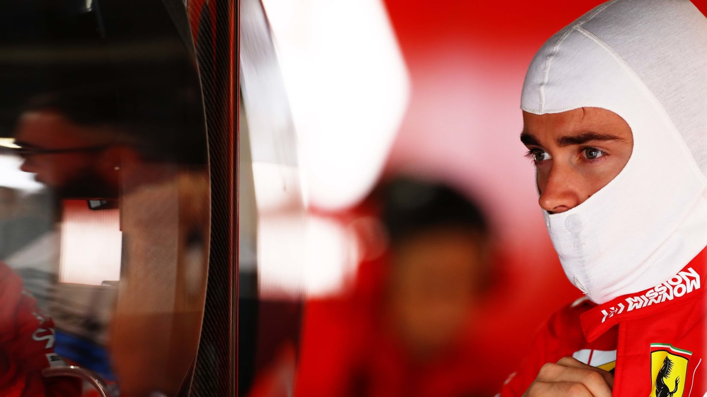 SUZUKA, JAPAN - OCTOBER 11: Charles Leclerc of Monaco and Ferrari prepares to drive in the garage during practice for the F1 Grand Prix of Japan at Suzuka Circuit on October 11, 2019 in Suzuka, Japan. (Photo by Mark Thompson/Getty Images)