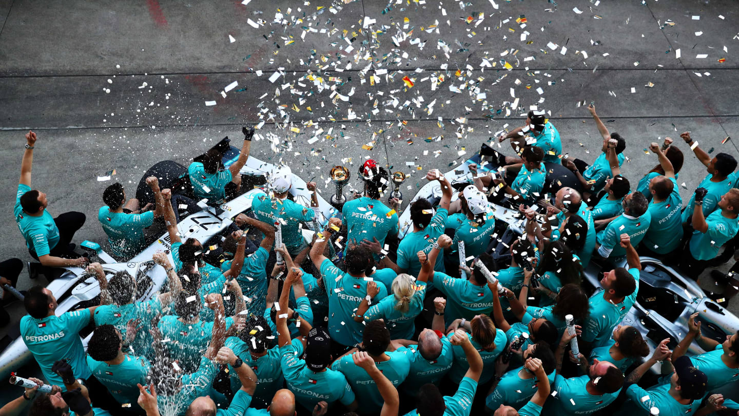 SUZUKA, JAPAN - OCTOBER 13: The Mercedes GP team celebrate winning the constructors championship after the F1 Grand Prix of Japan at Suzuka Circuit on October 13, 2019 in Suzuka, Japan. (Photo by Mark Thompson/Getty Images)