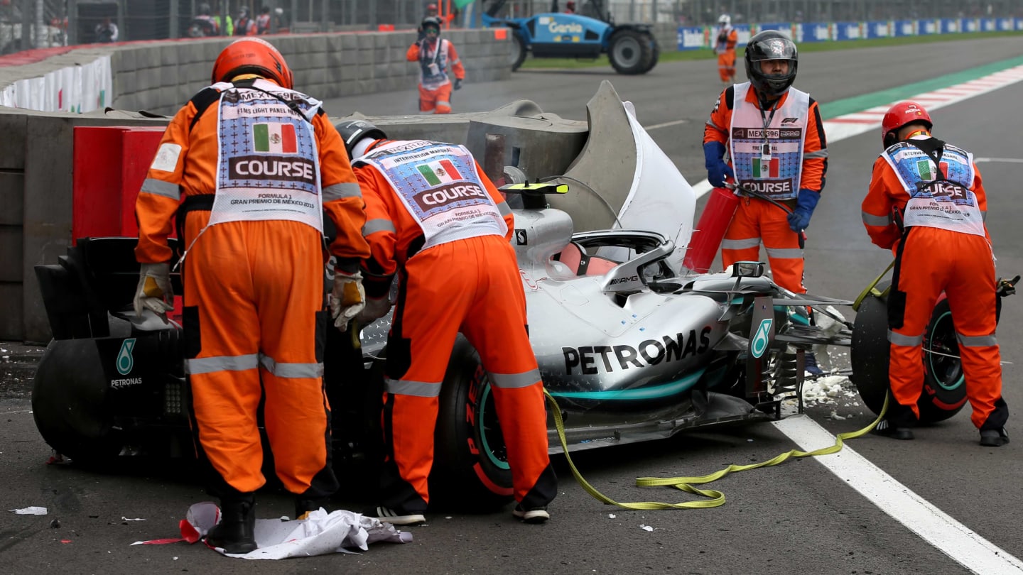 MEXICO CITY, MEXICO - OCTOBER 26: The broken car of Valtteri Bottas of Finland and Mercedes GP is