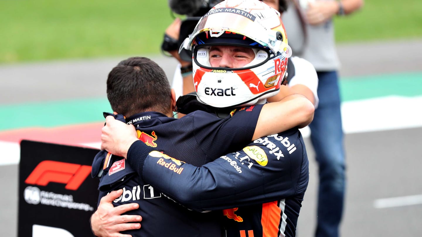 MEXICO CITY, MEXICO - OCTOBER 26: Pole position qualifier Max Verstappen of Netherlands and Red Bull Racing celebrates with his team in parc ferme during qualifying for the F1 Grand Prix of Mexico at Autodromo Hermanos Rodriguez on October 26, 2019 in Mexico City, Mexico. (Photo by Mark Thompson/Getty Images)