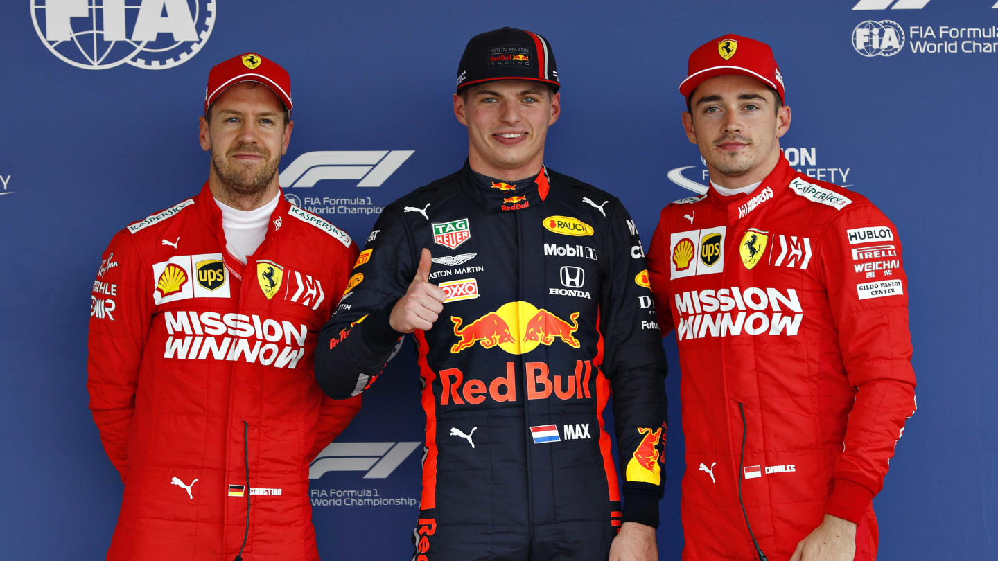 MEXICO CITY, MEXICO - OCTOBER 26: Top three qualifiers Max Verstappen of Netherlands and Red Bull