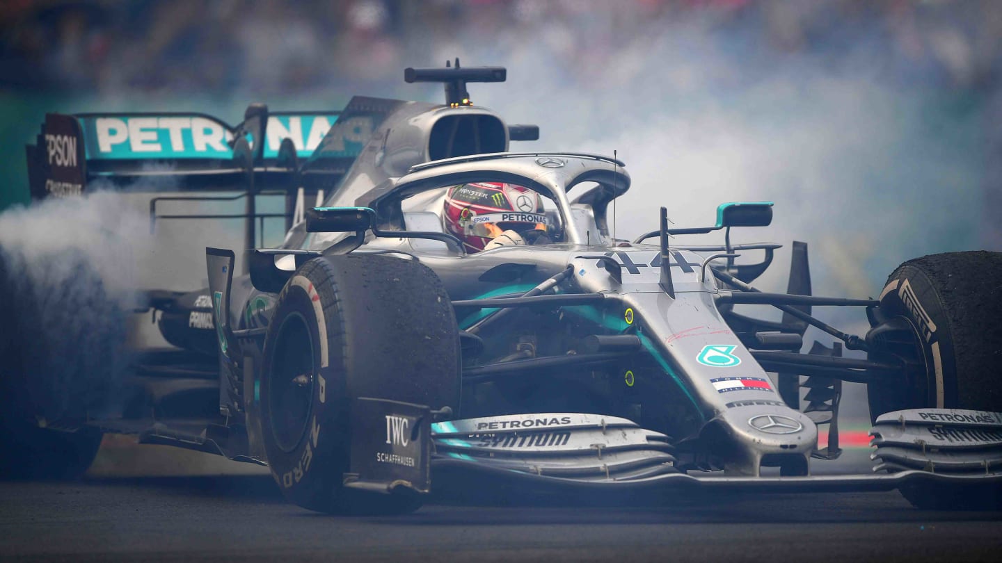MEXICO CITY, MEXICO - OCTOBER 27: Race winner Lewis Hamilton of Great Britain and Mercedes GP celebrates in parc ferme by performing donuts during the F1 Grand Prix of Mexico at Autodromo Hermanos Rodriguez on October 27, 2019 in Mexico City, Mexico. (Photo by Clive Mason/Getty Images)
