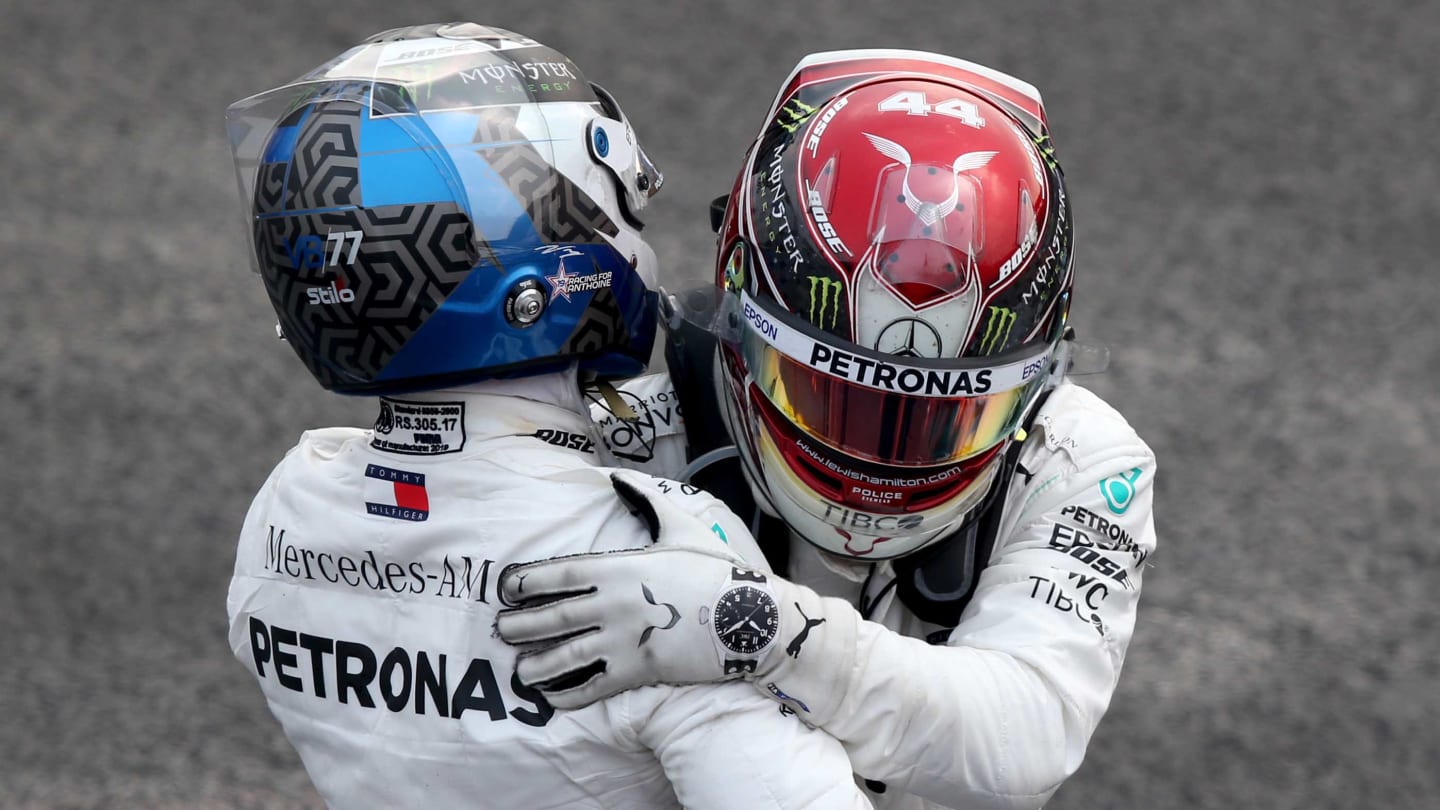 MEXICO CITY, MEXICO - OCTOBER 27: Race winner Lewis Hamilton of Great Britain and Mercedes GP and third placed Valtteri Bottas of Finland and Mercedes GP celebrate in parc ferme during the F1 Grand Prix of Mexico at Autodromo Hermanos Rodriguez on October 27, 2019 in Mexico City, Mexico. (Photo by Charles Coates/Getty Images)