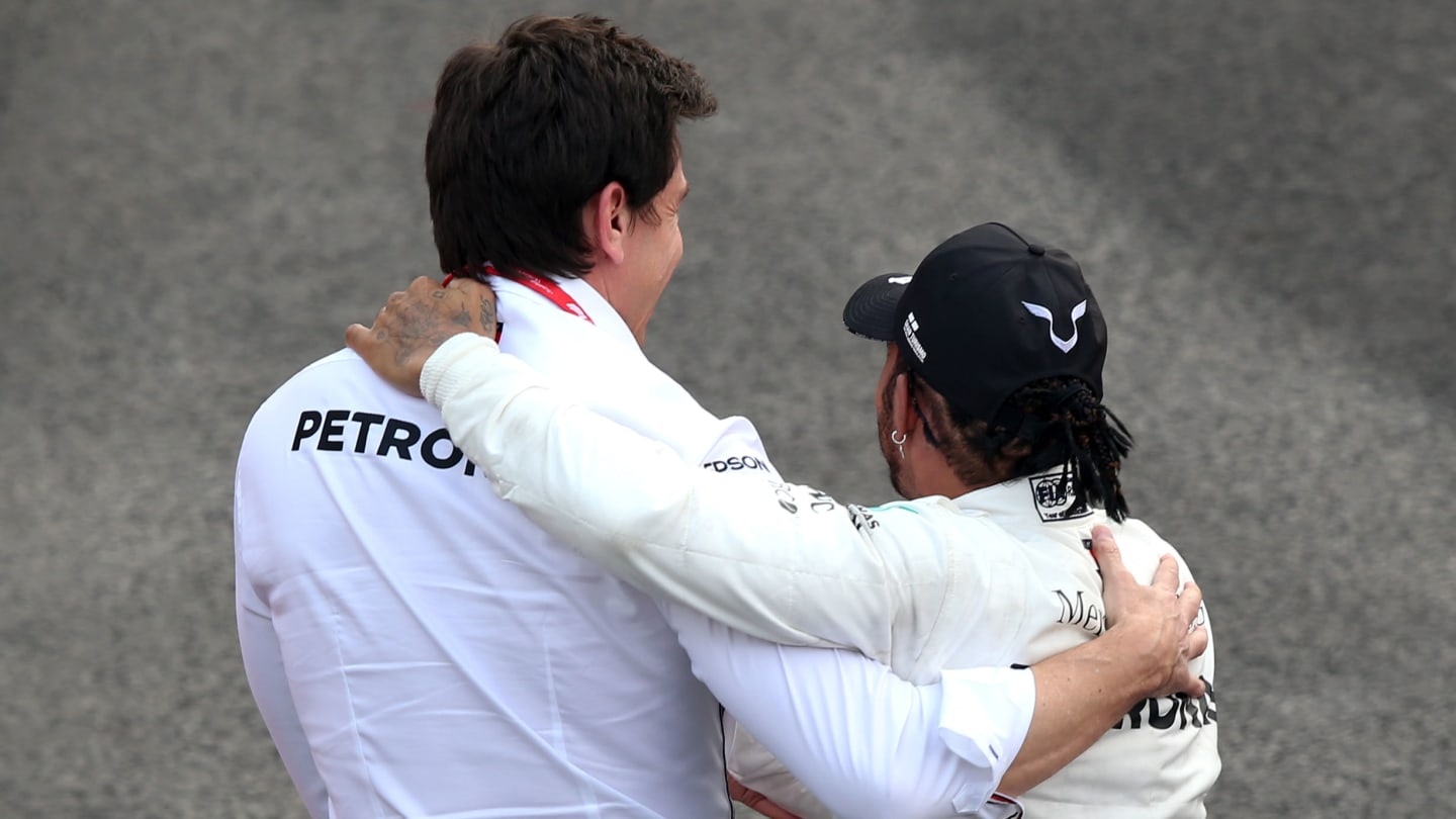 MEXICO CITY, MEXICO - OCTOBER 27: Race winner Lewis Hamilton of Great Britain and Mercedes GP celebrates with Mercedes GP Executive Director Toto Wolff in parc ferme during the F1 Grand Prix of Mexico at Autodromo Hermanos Rodriguez on October 27, 2019 in Mexico City, Mexico. (Photo by Charles Coates/Getty Images)