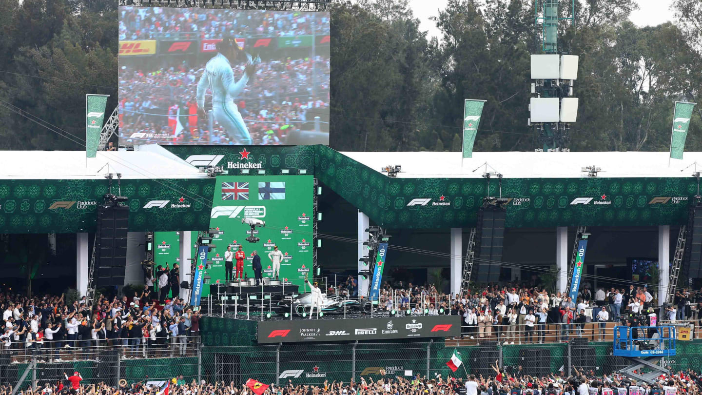 MEXICO CITY, MEXICO - OCTOBER 27: A general view as race winner Lewis Hamilton of Great Britain and