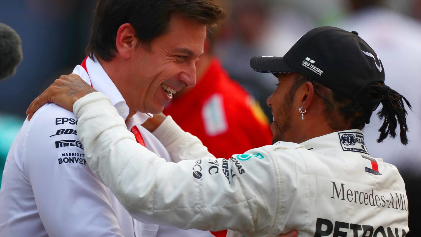 MEXICO CITY, MEXICO - OCTOBER 27: Race winner Lewis Hamilton of Great Britain and Mercedes GP celebrates with Mercedes GP Executive Director Toto Wolff in parc ferme during the F1 Grand Prix of Mexico at Autodromo Hermanos Rodriguez on October 27, 2019 in Mexico City, Mexico. (Photo by Dan Istitene/Getty Images)