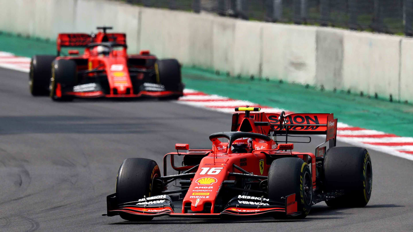 MEXICO CITY, MEXICO - OCTOBER 27: Charles Leclerc of Monaco driving the (16) Scuderia Ferrari SF90 leads Sebastian Vettel of Germany driving the (5) Scuderia Ferrari SF90 on track during the F1 Grand Prix of Mexico at Autodromo Hermanos Rodriguez on October 27, 2019 in Mexico City, Mexico. (Photo by Mark Thompson/Getty Images)
