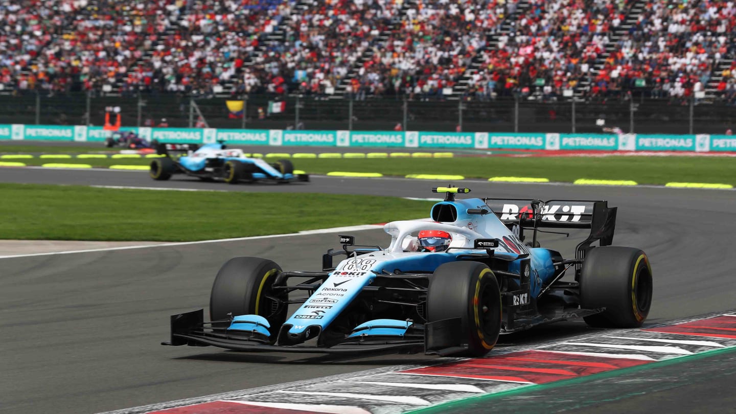 MEXICO CITY, MEXICO - OCTOBER 27: Robert Kubica of Poland driving the (88) Rokit Williams Racing FW42 Mercedes leads George Russell of Great Britain driving the (63) Rokit Williams Racing FW42 Mercedes on track during the F1 Grand Prix of Mexico at Autodromo Hermanos Rodriguez on October 27, 2019 in Mexico City, Mexico. (Photo by Mark Thompson/Getty Images)