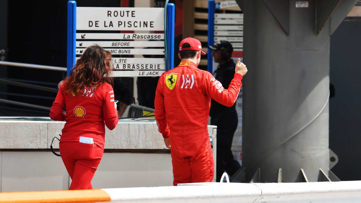 MONTE CARLO, MONACO - MAY 25: Charles Leclerc, Ferrari, gives a thumbs-up after being knocked out