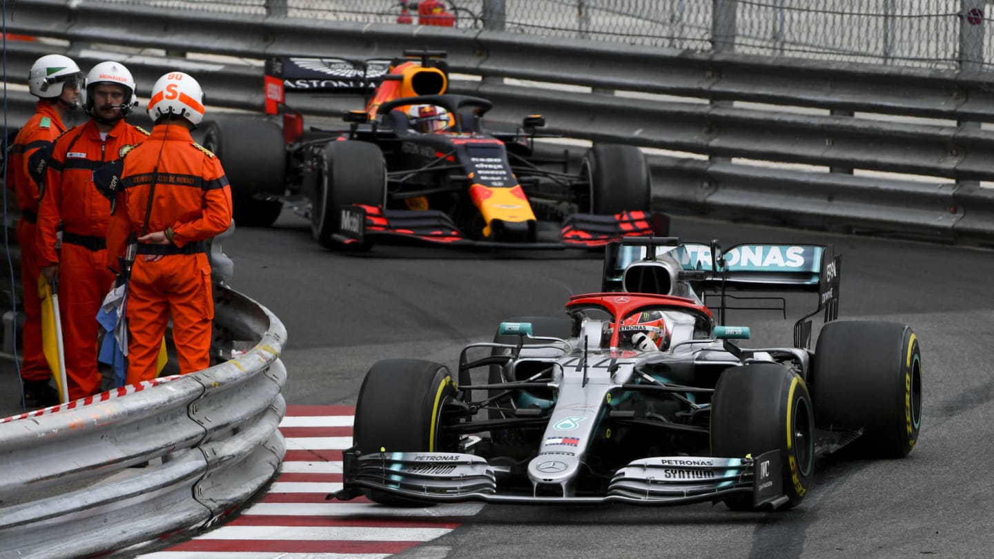 MONTE CARLO, MONACO - MAY 26: Lewis Hamilton, Mercedes AMG F1 W10 leads Max Verstappen, Red Bull