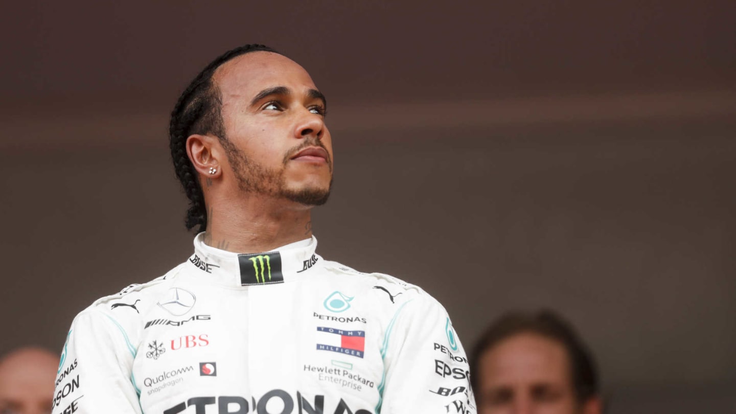 MONTE CARLO, MONACO - MAY 26: Race Winner Lewis Hamilton, Mercedes AMG F1 on the podium during the Monaco GP at Monte Carlo on May 26, 2019 in Monte Carlo, Monaco. (Photo by Zak Mauger / LAT Images)