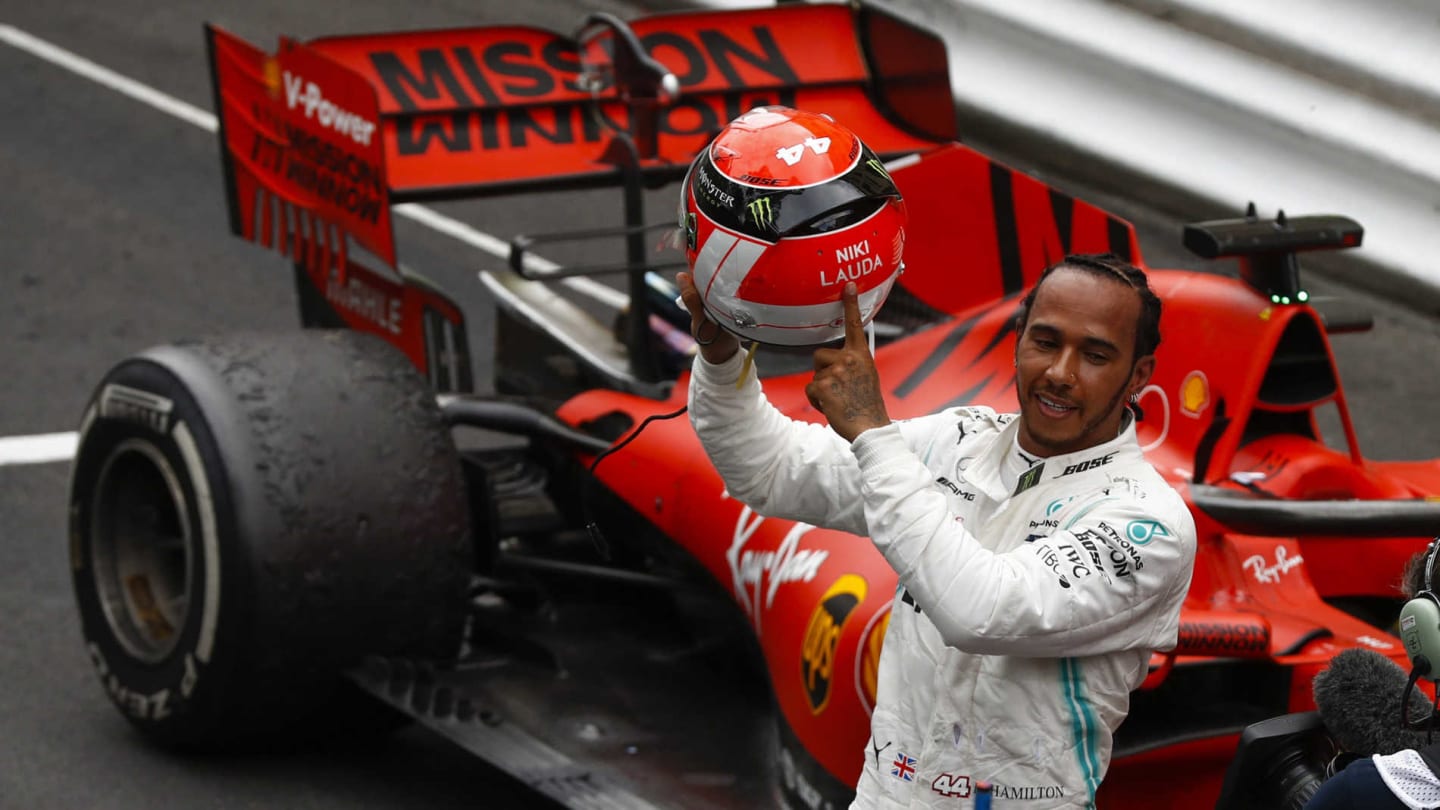 MONTE CARLO, MONACO - MAY 26: Lewis Hamilton, Mercedes AMG F1, 1st position, lifts his helmet in